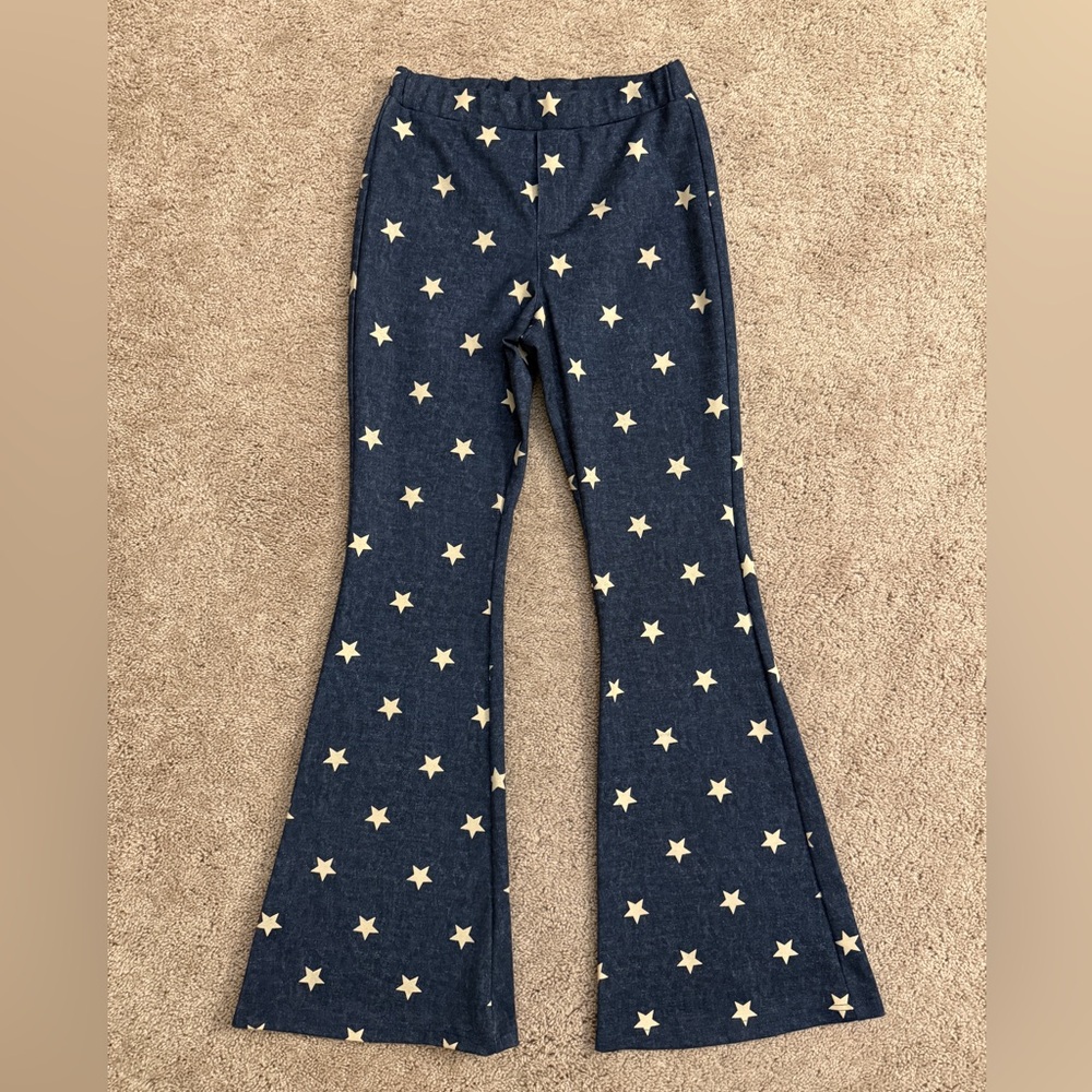Mittoshop Flare Pants Women size Small Navy Blue Star Pattern Bell Bottom Disco
